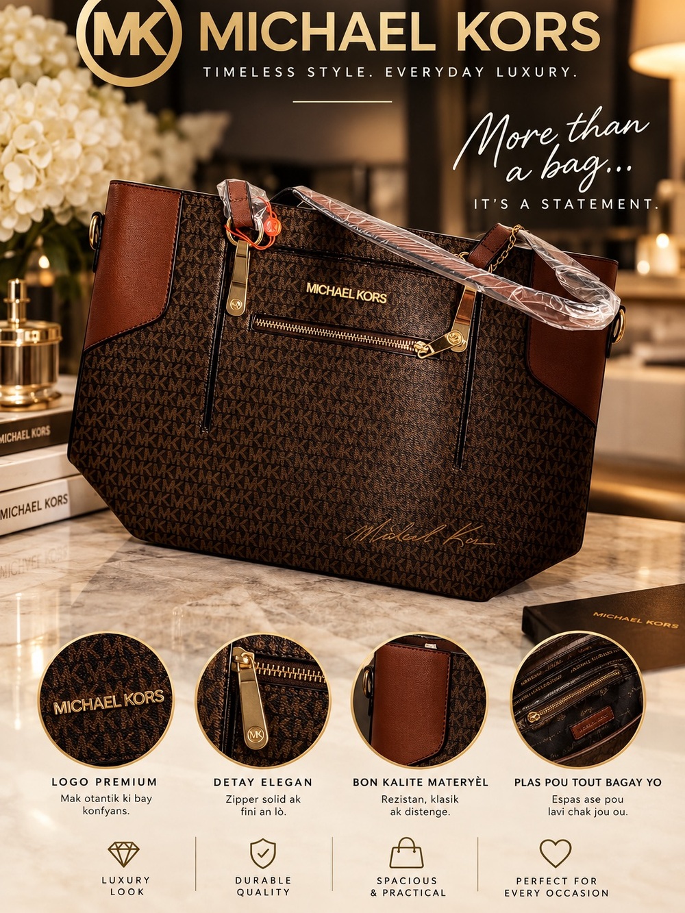 Michael Kors Brown Logo Tote with Gold Hardware